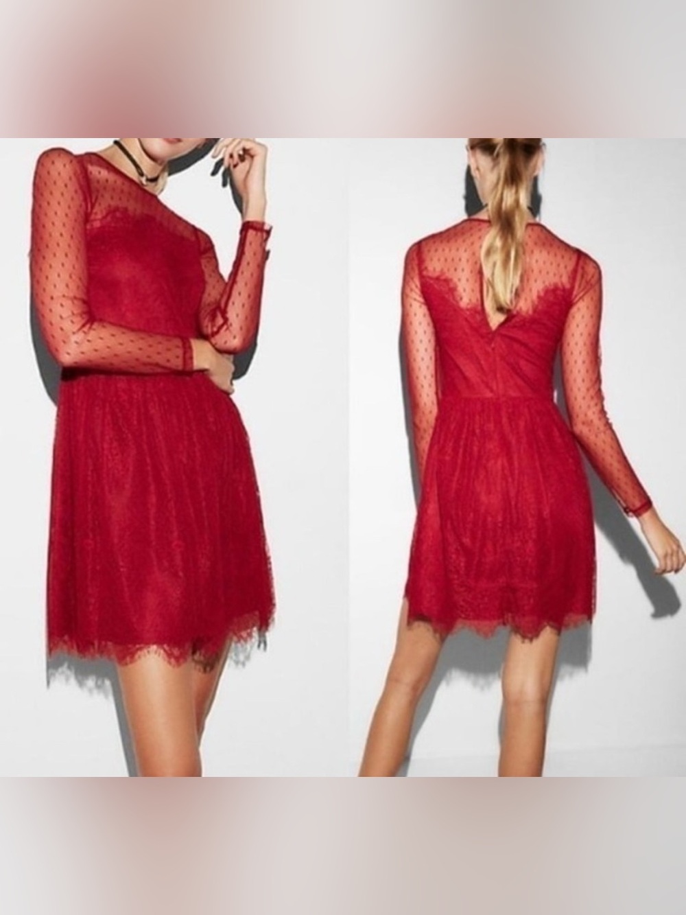 Express Red Lace Mini Dress with Sheer Dot Sleeves